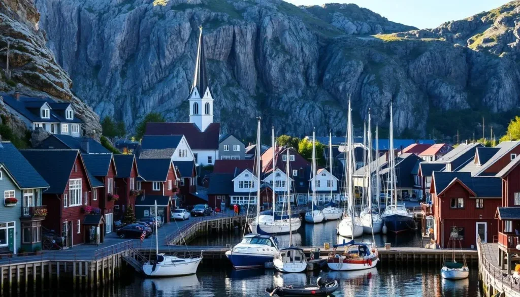 Larvik pe malul apei, fiord și oraș în Vestfold, Norvegia
