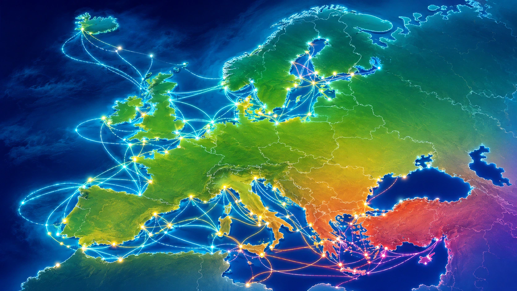 Hartă ilustrată colorată care arată rutele feribotului prin Marea Britanie și Europa