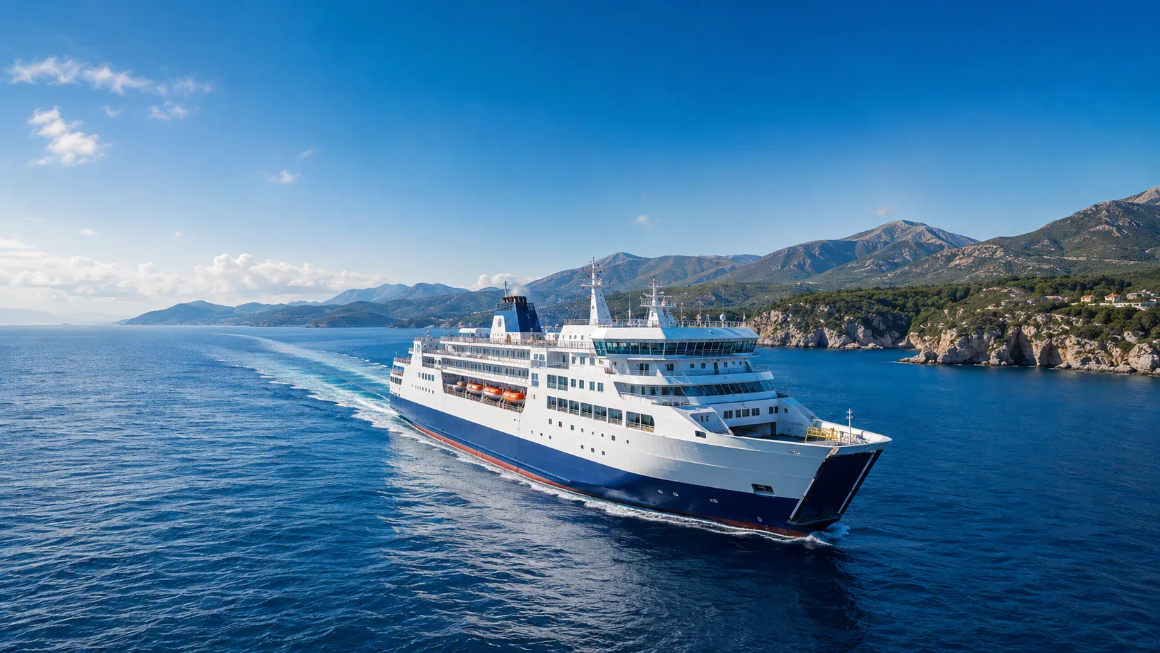 Feribotul care călătorește printr-un peisaj pitoresc de coastă european