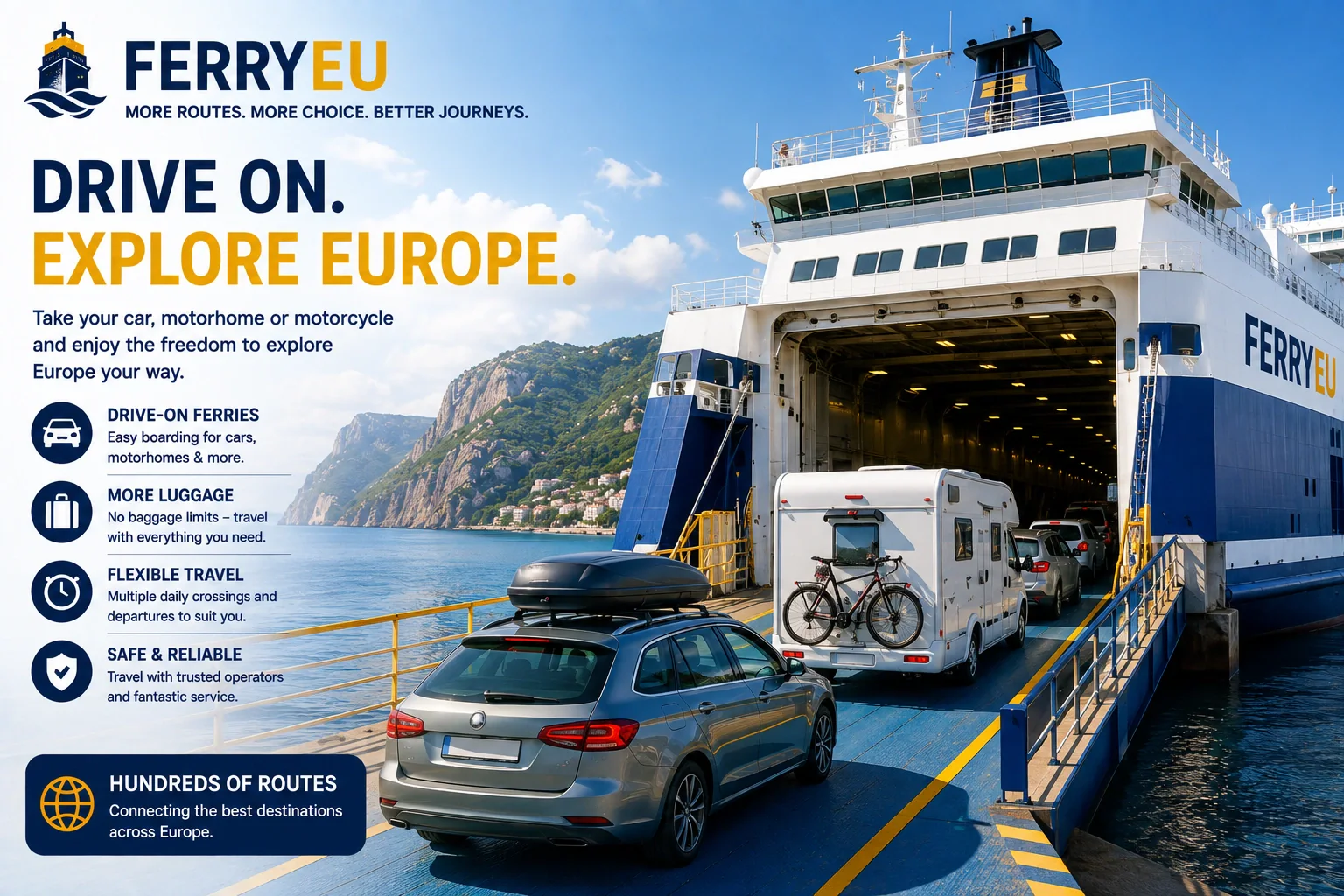 Călătoria cu feribotul cu vehicule deschizând drumul către o călătorie rutieră europeană