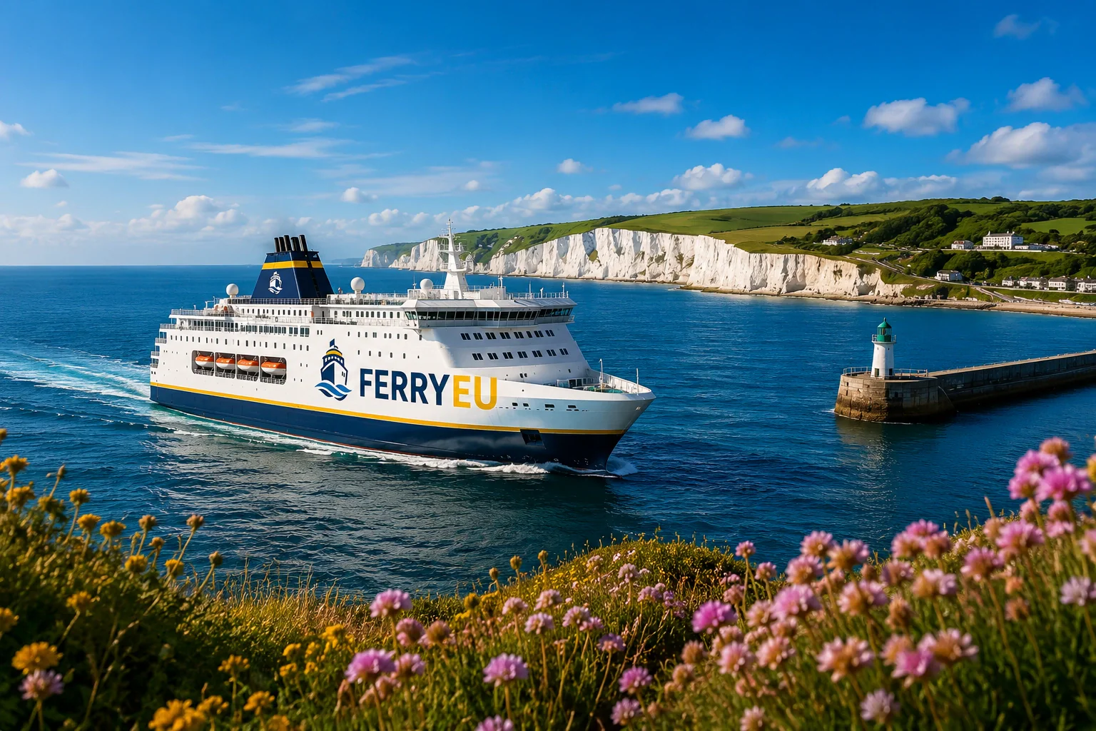 Feribotul de pasageri care sosește într-un port european aglomerat