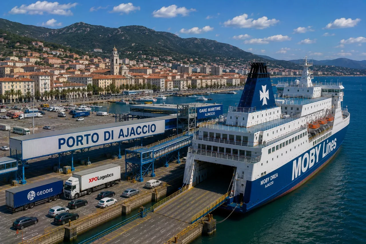 Ajaccio port de feriboturi cu feribotul de pasageri la cheu și malul mării în spate