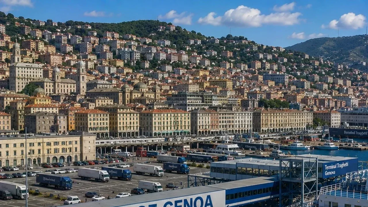Genoa Terminal de feriboturi de pasageri și malul apei din Liguria, Italia
