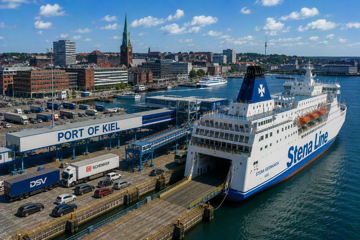 Terminale de feriboturi pentru pasageri pe malul apei la Kiel, Germania