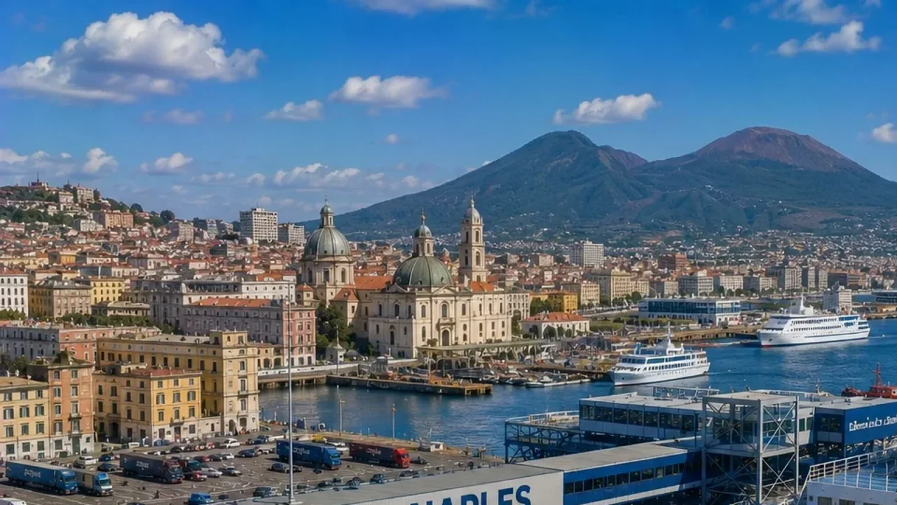 Terminalul de feriboturi Naples cu Muntele Vezuviu și malul mării