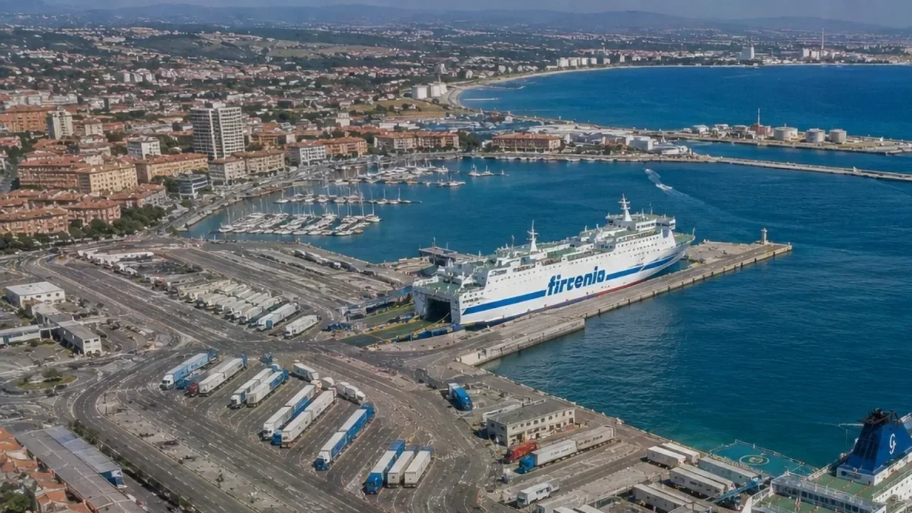 Vedere aeriană peste terminalul de feriboturi și portul Porto Torres