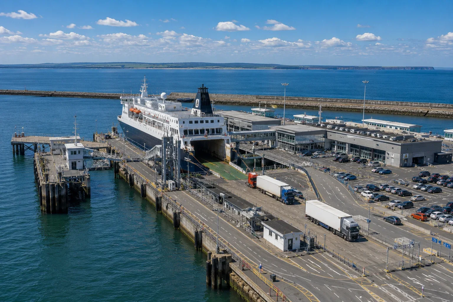 Vedere aeriană a Rosslare Europort de pe coasta de sud-est a Irlandei