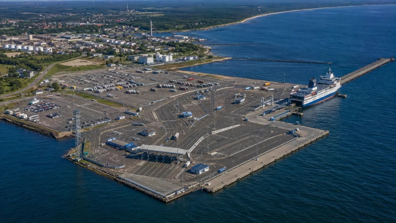 Vedere aeriană a terminalului de feriboturi Ventspils de pe coasta baltică a Letoniei