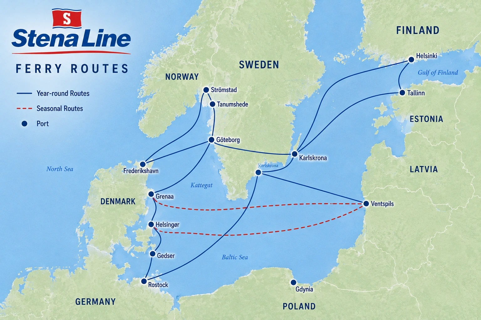 Hartă ilustrată a rutei Stena Line
