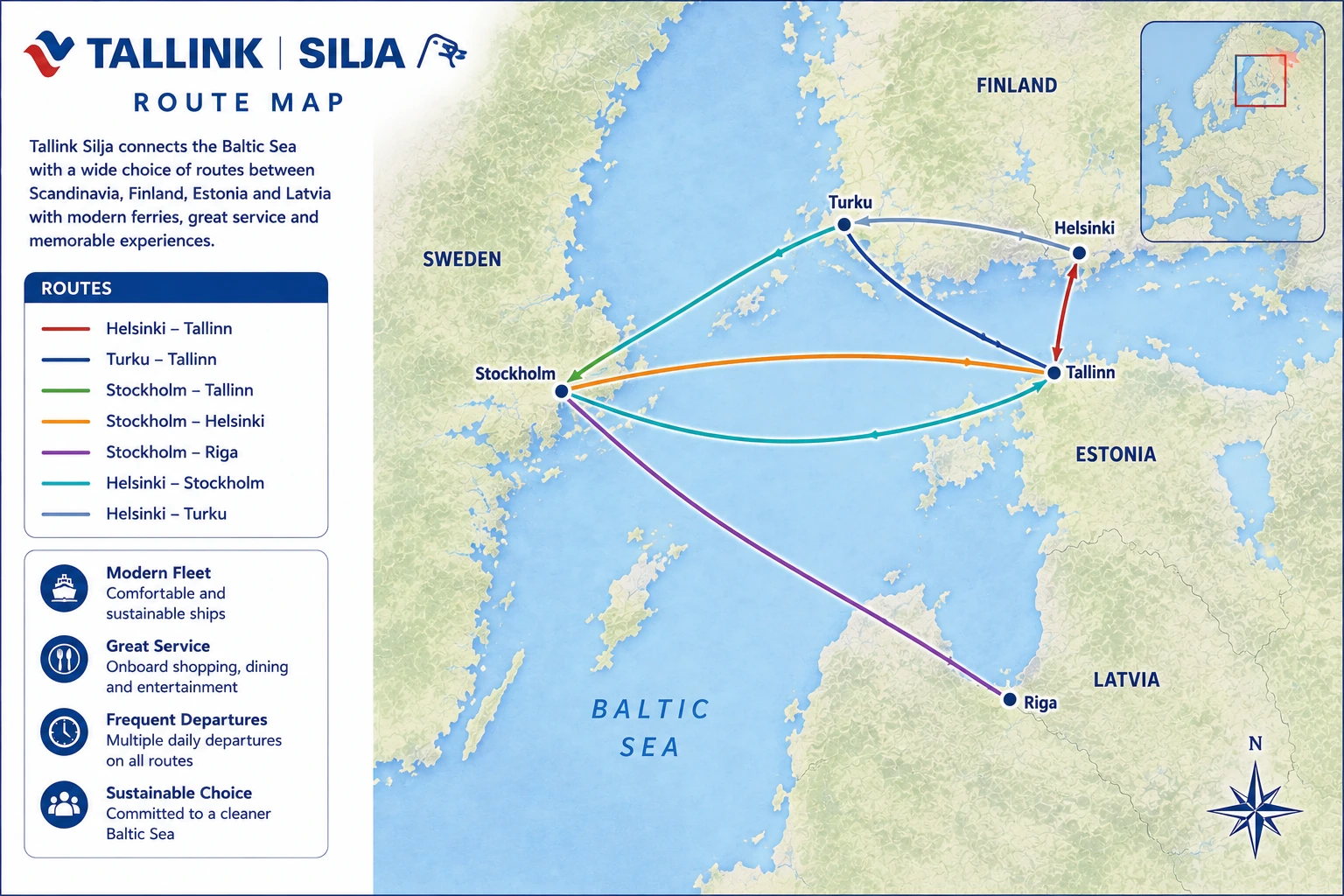 Hartă ilustrată a rutei Tallink Silja Line